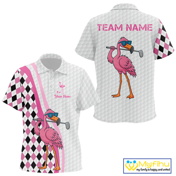 Funny Kid golf polo shirt custom pink and black argyle pattern flamingo white golf shirts NQS10252