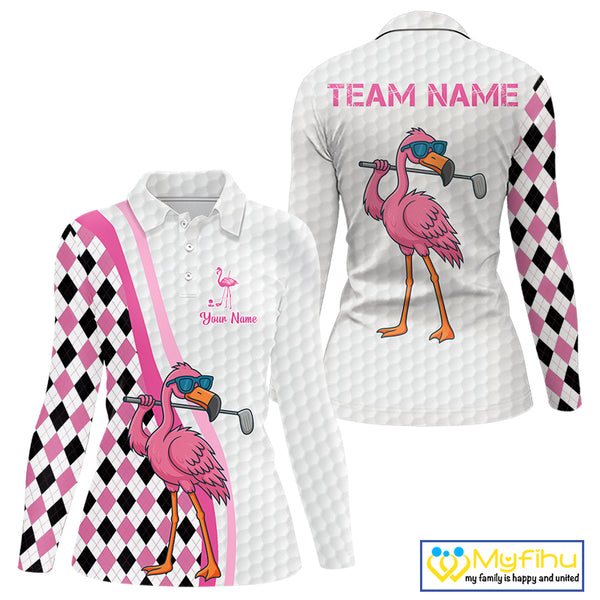 Funny Women golf polo shirt custom pink and black argyle pattern flamingo white golf shirts NQS10252