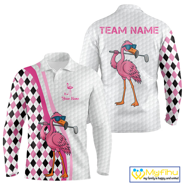 Funny Mens golf polo shirt custom pink and black argyle pattern flamingo white golf shirts NQS10252
