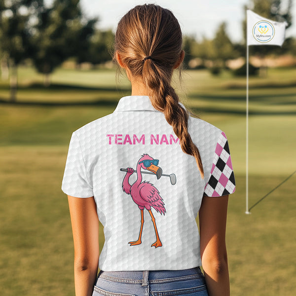 Funny Women golf polo shirt custom pink and black argyle pattern flamingo white golf shirts NQS10252