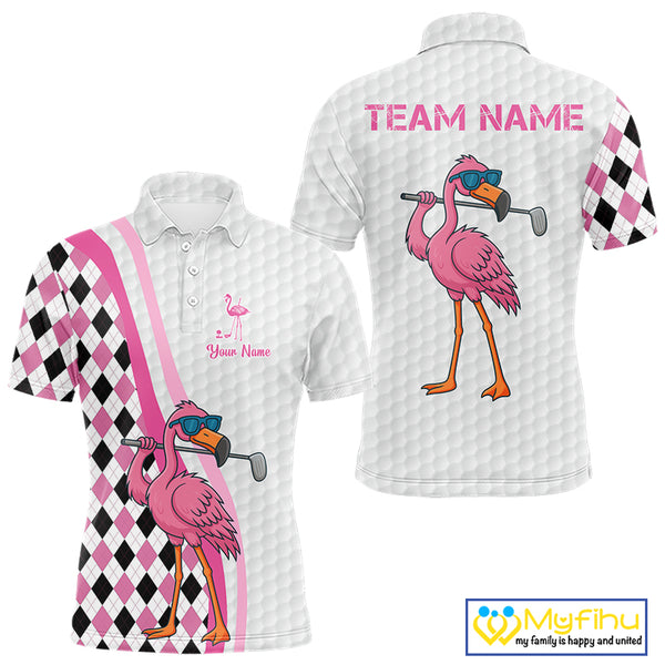 Funny Mens golf polo shirt custom pink and black argyle pattern flamingo white golf shirts NQS10252