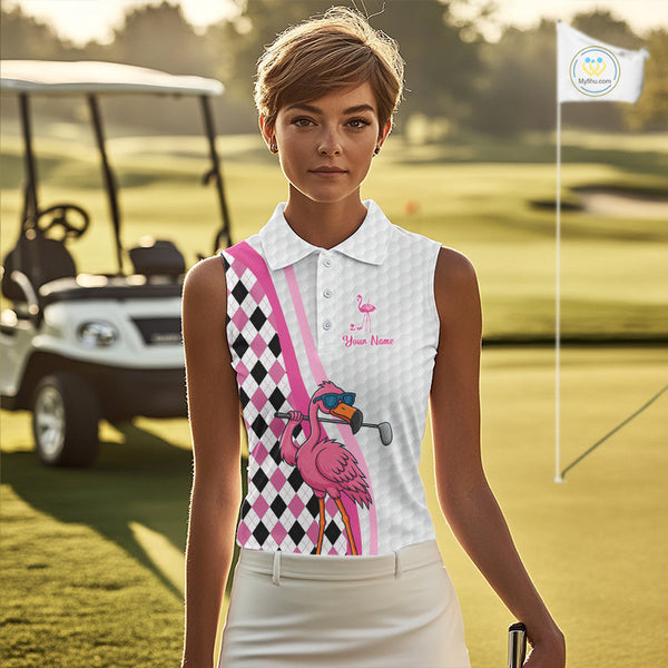 Funny Women Sleeveless Polo Shirt custom pink and black argyle pattern flamingo white golf shirts NQS10252