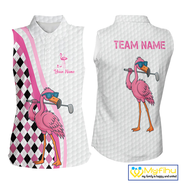 Funny Women Sleeveless Polo Shirt custom pink and black argyle pattern flamingo white golf shirts NQS10252