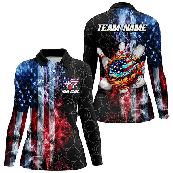 Smoke American Flag Flame Bowling camo Custom Patriotic Bowling Shirts For Women, Bowling Team Jerseys NQS8241