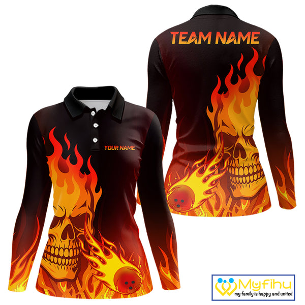 Flame Skull Bowling Polo, Quarter Zip Shirts for Women Custom Skull Fire Bowling Team Outfit Uniform NQS10444