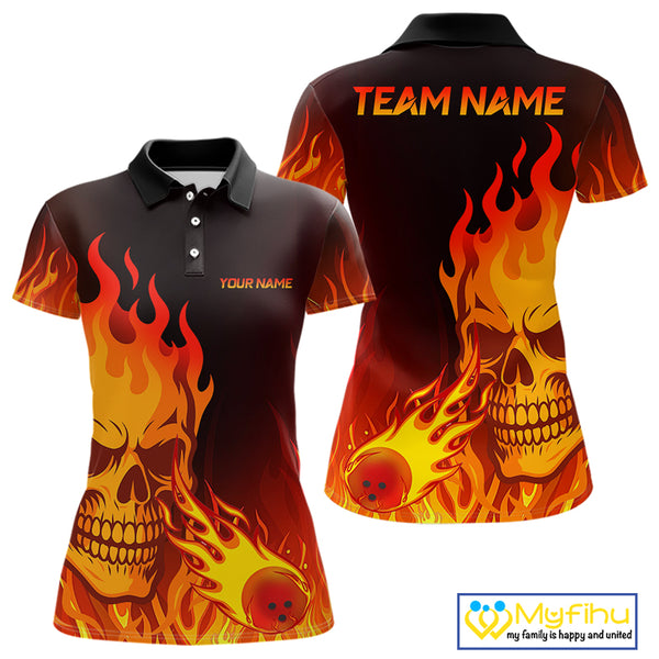 Flame Skull Bowling Polo, Quarter Zip Shirts for Women Custom Skull Fire Bowling Team Outfit Uniform NQS10444