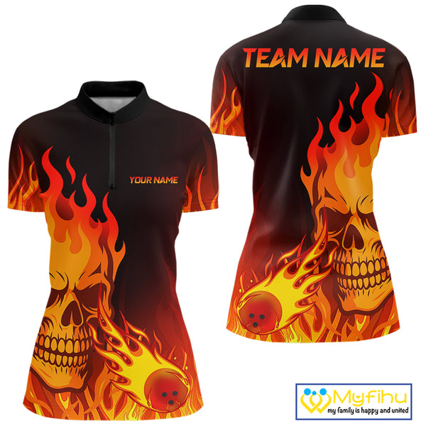 Flame Skull Bowling Polo, Quarter Zip Shirts for Women Custom Skull Fire Bowling Team Outfit Uniform NQS10444