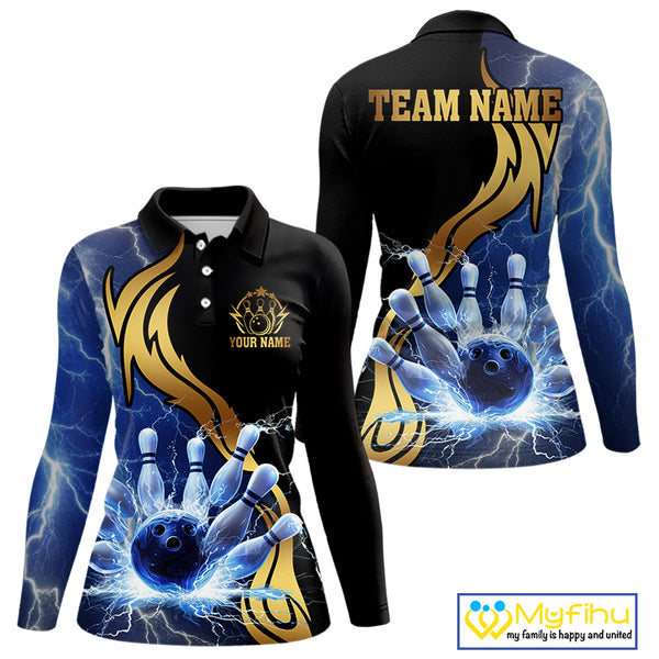Custom Blue Lightning thunder and Gold Bowling Team Jerseys, Personalized Bowling Shirts for Women NQS10447