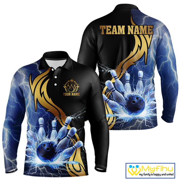 Custom Blue Lightning thunder and Gold Bowling Team Jerseys, Personalized Bowling Shirts for Men NQS10447
