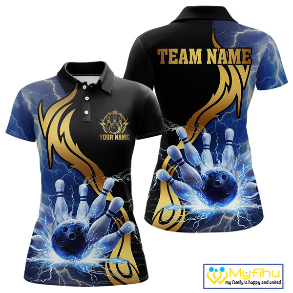 Custom Blue Lightning thunder and Gold Bowling Team Jerseys, Personalized Bowling Shirts for Women NQS10447