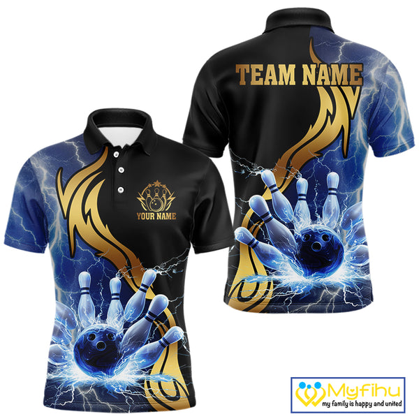 Custom Blue Lightning thunder and Gold Bowling Team Jerseys, Personalized Bowling Shirts for Men NQS10447