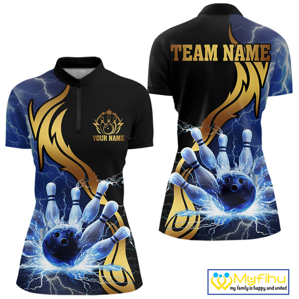 Custom Blue Lightning thunder and Gold Bowling Team Jerseys, Personalized Bowling Shirts for Women NQS10447
