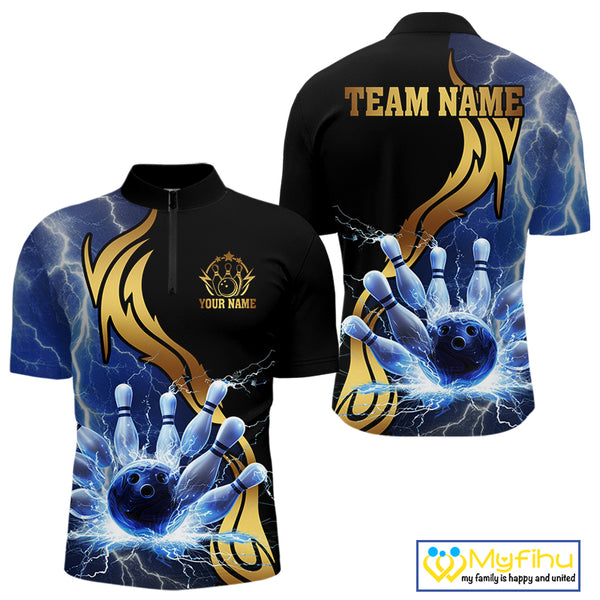 Custom Blue Lightning thunder and Gold Bowling Team Jerseys, Personalized Bowling Shirts for Men NQS10447