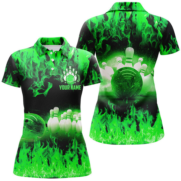Green flame Women bowling polo shirts, Personalized Team league bowling shirts female bowling uniform NQS6367