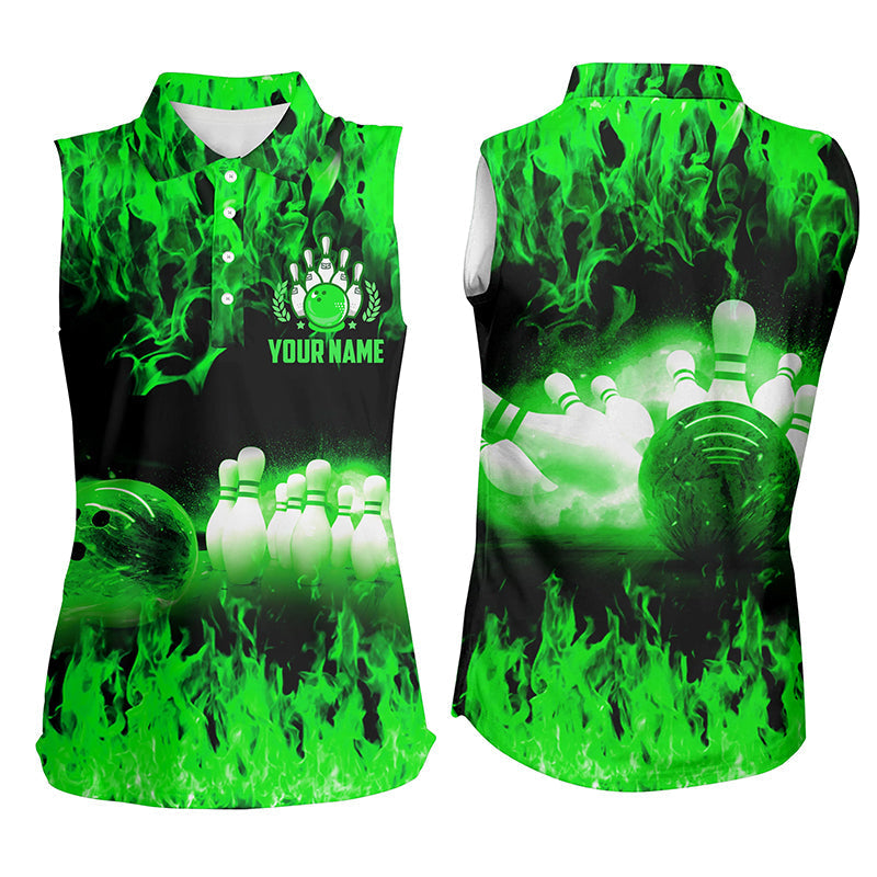 Green flame Women bowling sleeveless polo shirts, Personalized Team bowling female bowling uniform NQS6367
