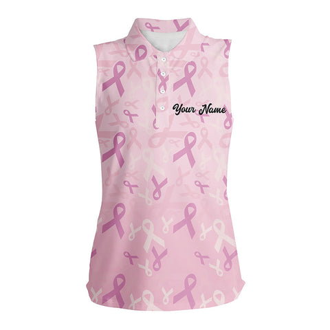 Pink ribbon pattern Breast Cancer Awareness golf shirts custom name Women sleeveless polo shirts NQS6377