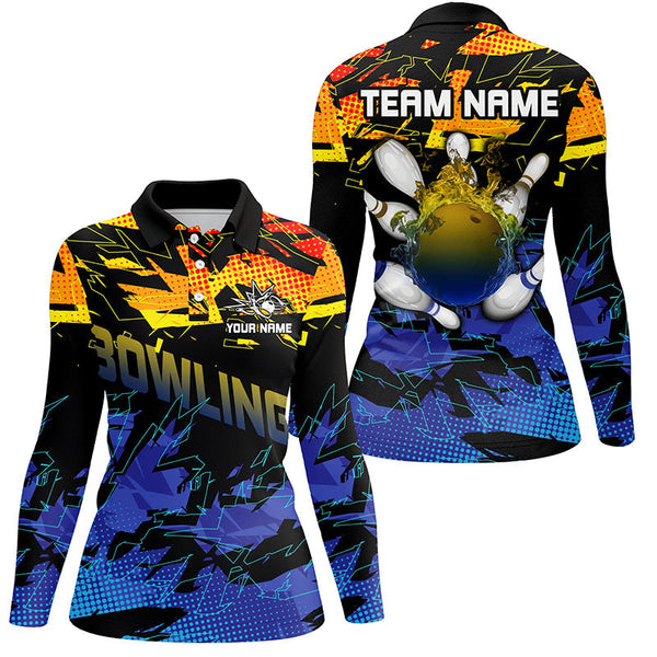 Blue and yellow camo bowling polo shirts for women Custom Team bowling jerseys, gift for bowlers NQS7284