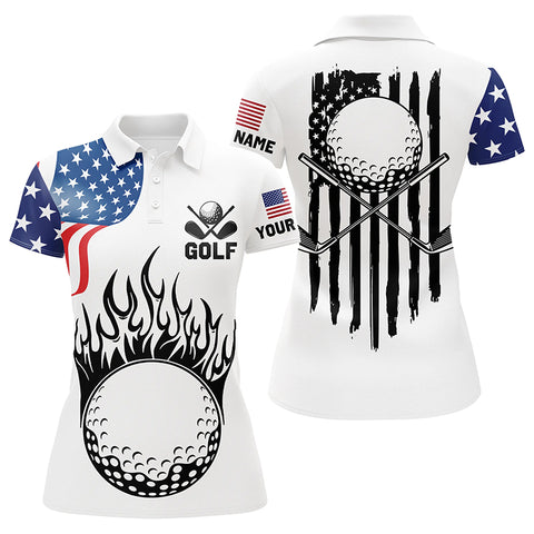 Womens golf polo shirts custom American flag golf ball fire patriot golf tops, golf attire for ladies NQS7287