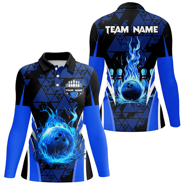 Blue triangle pattern flame bowling ball pins custom Women Bowling Polo Shirts, team bowling jerseys NQS7464