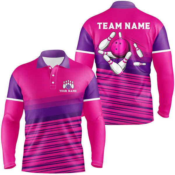 Pink pattern bowling ball and pins custom Men Bowling Polo Shirts, team bowling jerseys NQS7466