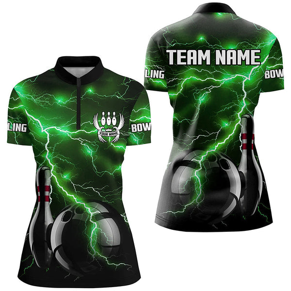 Green Lightning Thunder Black Women Bowling Polo, Quarter zip Shirt custom storm bowling team jerseys NQS8457
