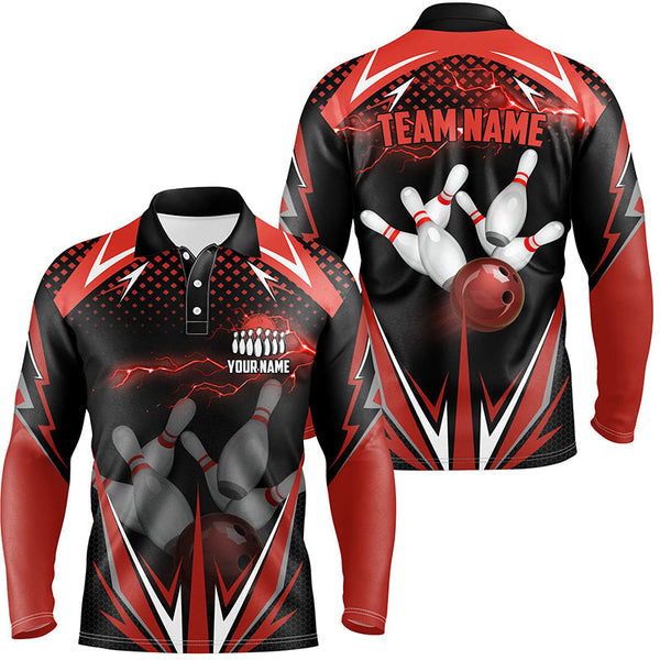 Black Men Bowling Polo Shirt Custom red lightning team Mens Bowlers Jerseys bowling outfits NQS6588