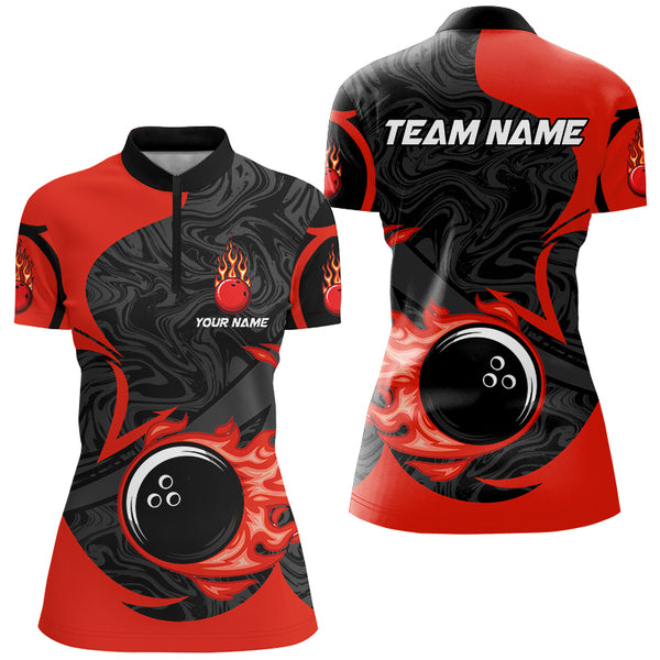 Black and Red Flame Bowling Ball Bowling Shirt for Women Custom Bowling Team League Jerseys NQS8938