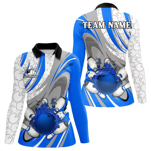 White and Blue Flame Camo Bowling Polo, Quarter Zip Shirt for Women Custom Bowling Team Jersey NQS9167
