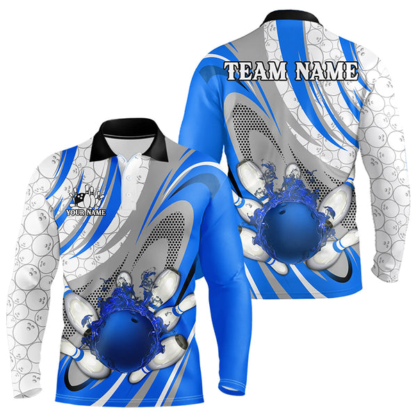 White and Blue Flame Camo Bowling Polo, Quarter Zip Shirt for Men Custom Bowling Team Jersey NQS9167