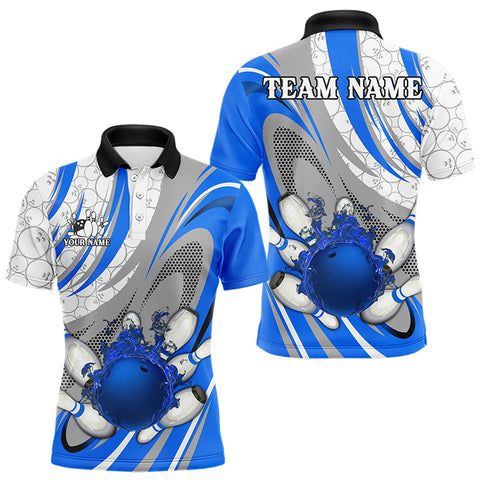 White and Blue Flame Camo Bowling Polo, Quarter Zip Shirt for Men Custom Bowling Team Jersey NQS9167