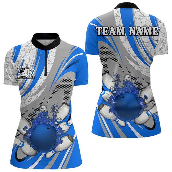 White and Blue Flame Camo Bowling Polo, Quarter Zip Shirt for Women Custom Bowling Team Jersey NQS9167