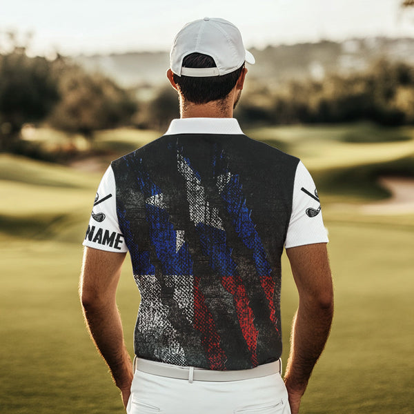 Black and White Grunge Texas Flag Men golf polo shirts custom Patriotic golf apparel for men NQS9377