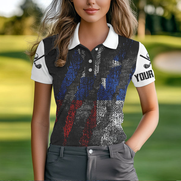 Black and White Grunge Texas Flag Women golf polo shirts custom Patriotic golf apparel for women NQS9377