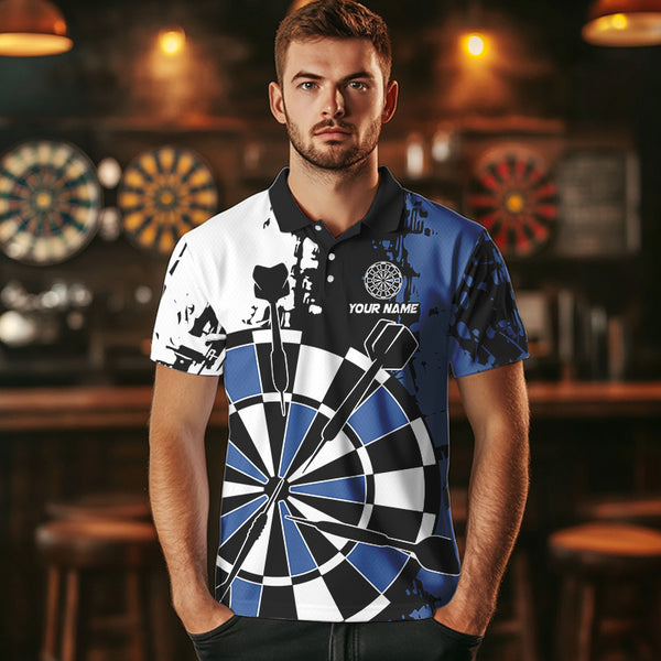 Personalized Black, Blue and White Grunge Darts Shirts For Men Custom Retro Team Darts Jersey NQS9525