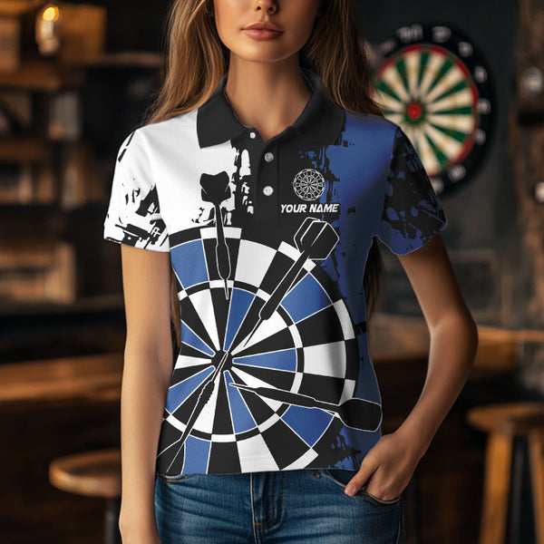 Personalized Black, Blue and White Grunge Darts Shirts For Women Custom Retro Team Darts Jersey NQS9525