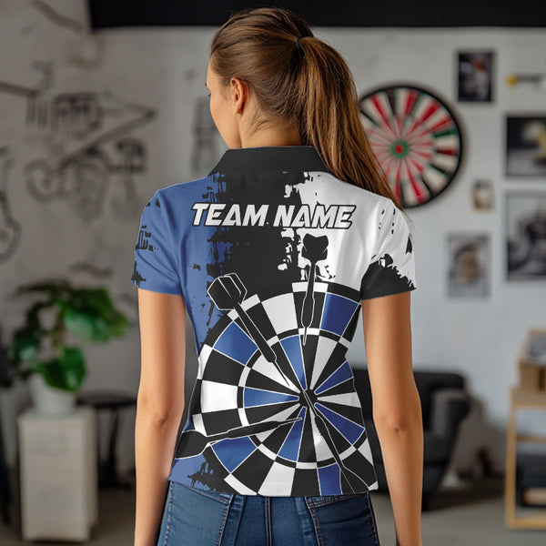 Personalized Black, Blue and White Grunge Darts Shirts For Women Custom Retro Team Darts Jersey NQS9525