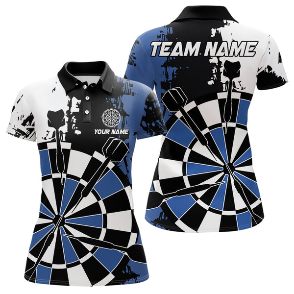 Personalized Black, Blue and White Grunge Darts Shirts For Women Custom Retro Team Darts Jersey NQS9525