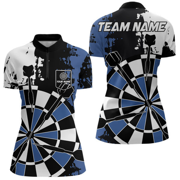 Personalized Black, Blue and White Grunge Darts Shirts For Women Custom Retro Team Darts Jersey NQS9525