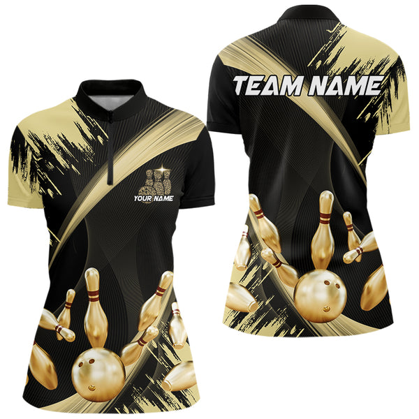 Personalized Black and Gold Bowling Polo, Quarter Zip Shirts For Women Custom Bowling Team Jersey NQS9531