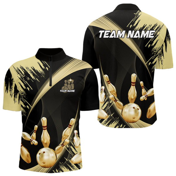 Personalized Black and Gold Bowling Polo, Quarter Zip Shirts For Mens Custom Bowling Team Jersey NQS9531