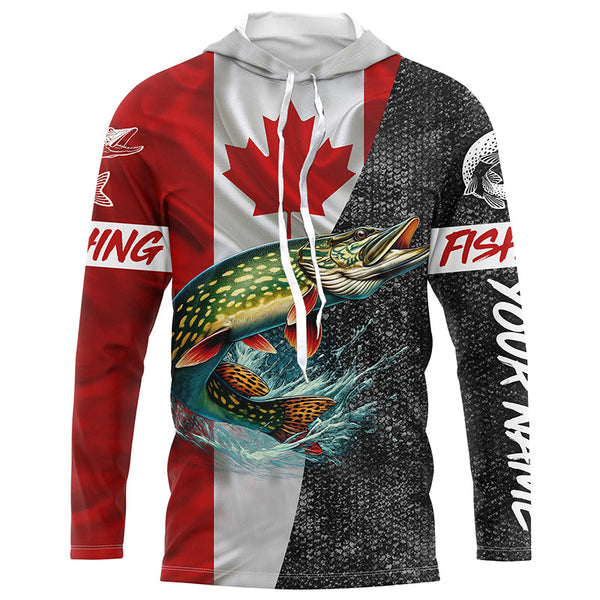 Canadian Flag Northern pike Fishing Custom long sleeve performance Fishing Shirt, pike Fishing jerseys NQS4927