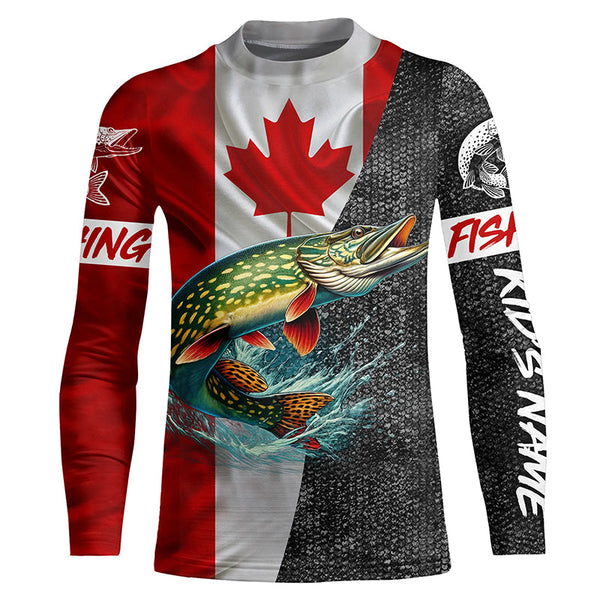 Canadian Flag Northern pike Fishing Custom long sleeve performance Fishing Shirt, pike Fishing jerseys NQS4927