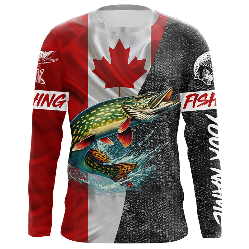 Canadian Flag Northern pike Fishing Custom long sleeve performance Fishing Shirt, pike Fishing jerseys NQS4927