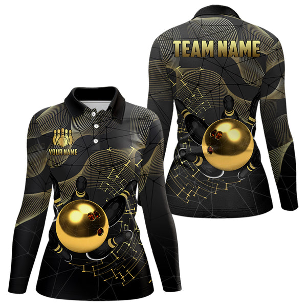 Black and Gold Bowling Polo, Quarter Zip Shirts For Women Custom Bowling Team League Jersey NQS9688