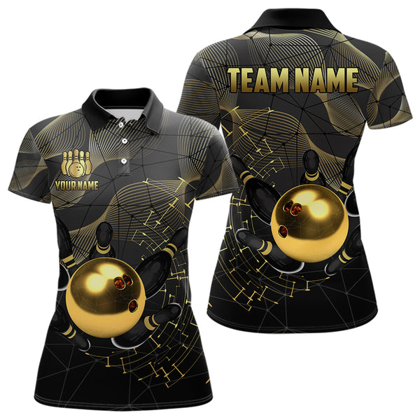 Black and Gold Bowling Polo, Quarter Zip Shirts For Women Custom Bowling Team League Jersey NQS9688