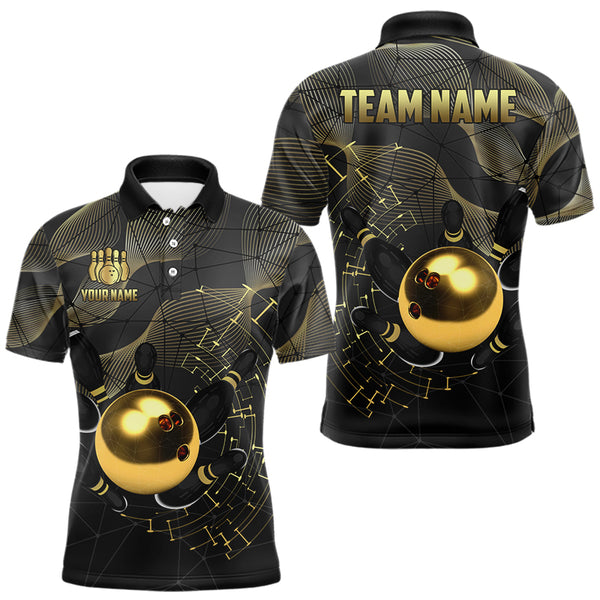 Personalized Black and Gold Bowling Polo, Quarter Zip Shirts For Men Custom Bowling Team League Jersey NQS9688