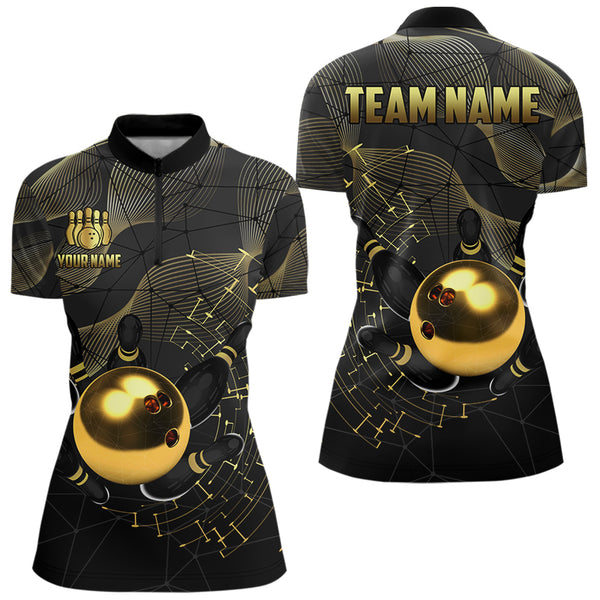 Black and Gold Bowling Polo, Quarter Zip Shirts For Women Custom Bowling Team League Jersey NQS9688