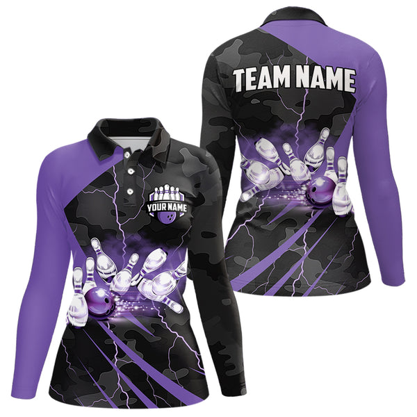 Black Camo Purple Lightning Thunder Bowling Shirts For Women Custom Bowling Team League Jerseys NQS9689