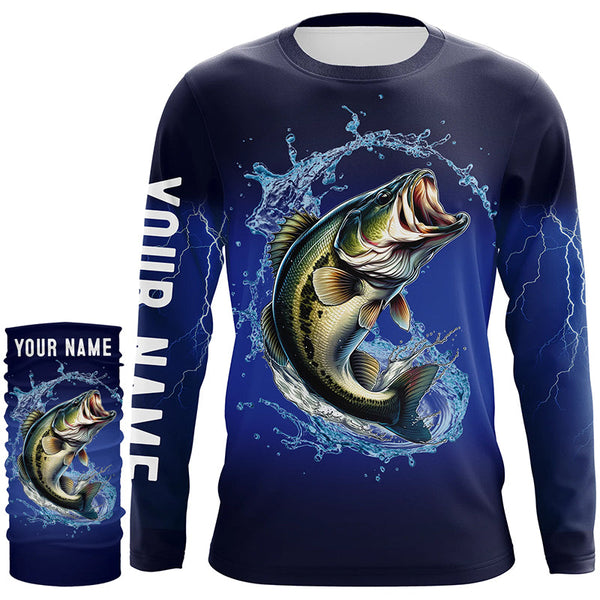 Largemouth Bass Fishing blue lightning long sleeve Fishing shirts Customized Bass fishing jerseys NQS287