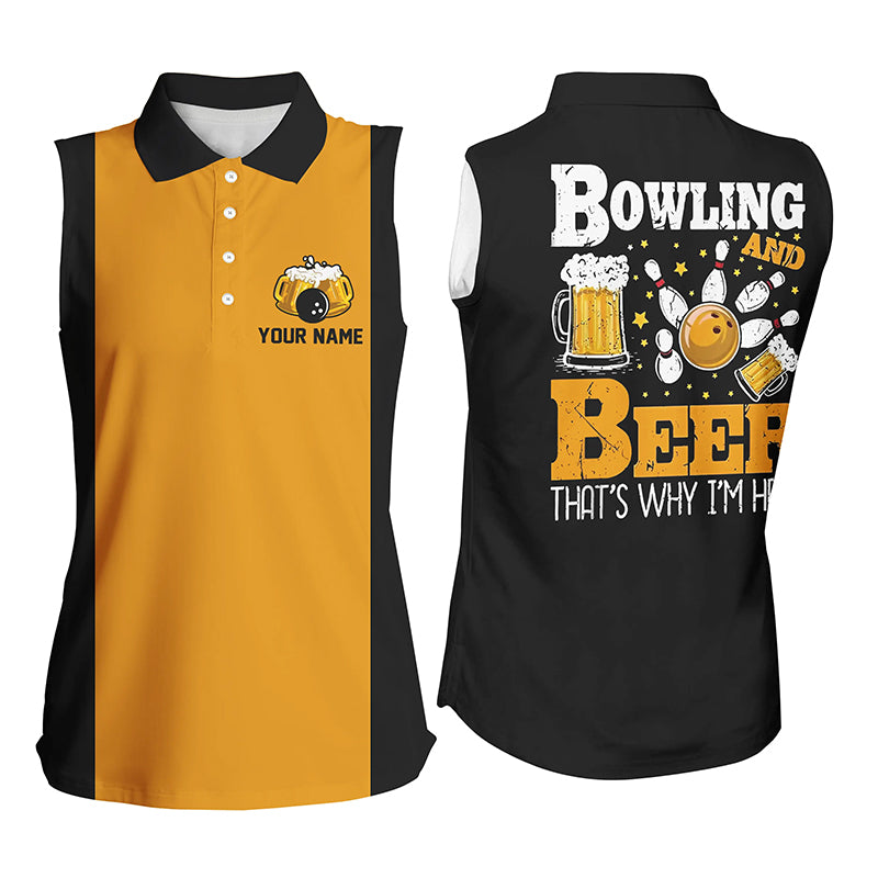 Black yellow Retro bowling sleeveless polo shirts for women custom bowling & beer that's why I'm here NQS7474